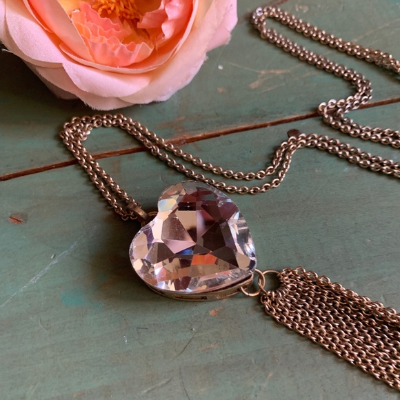 ❤️ Big Heart - Clear Faceted Stone Heart Pendant Gold Tone Long Necklace ❤️ - Picture 2 of 8